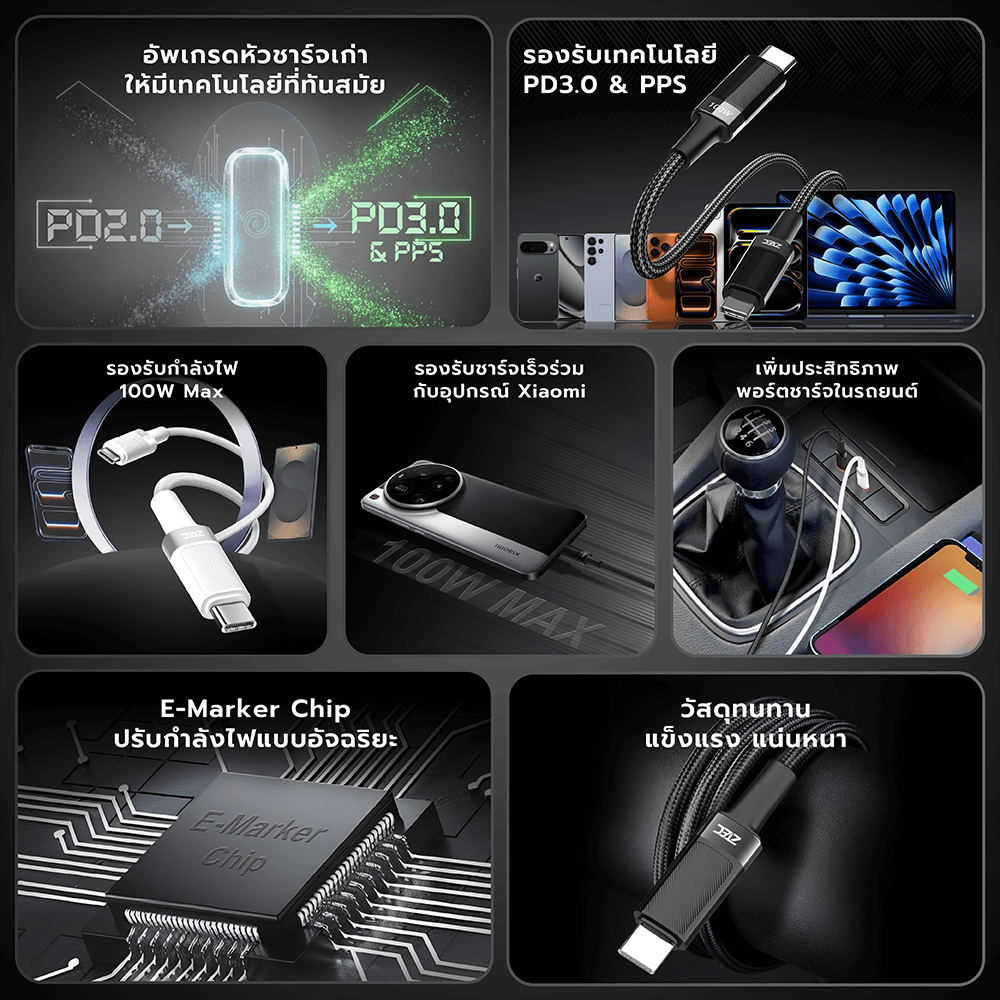 สายชาร์จ AI ZTEC ZC711 5A 100W สีดำ แปลงเทคโนโลยีชาร์จเร็ว PD2.0 เป็น PD3.0 และ PPS